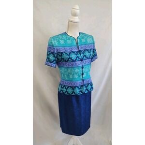Vintage 90's Adrianna Papell Petites Silk Skirt Suit Blue Short Sleeve Jacket 6P